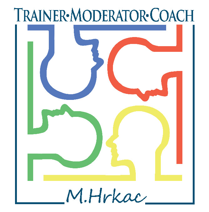 Logo mit dem Text "TRAINER-MODERATOR-COACH" und vier farbigen Silhouetten von Köpfen, unterzeichnet mit "M. Hrkac".